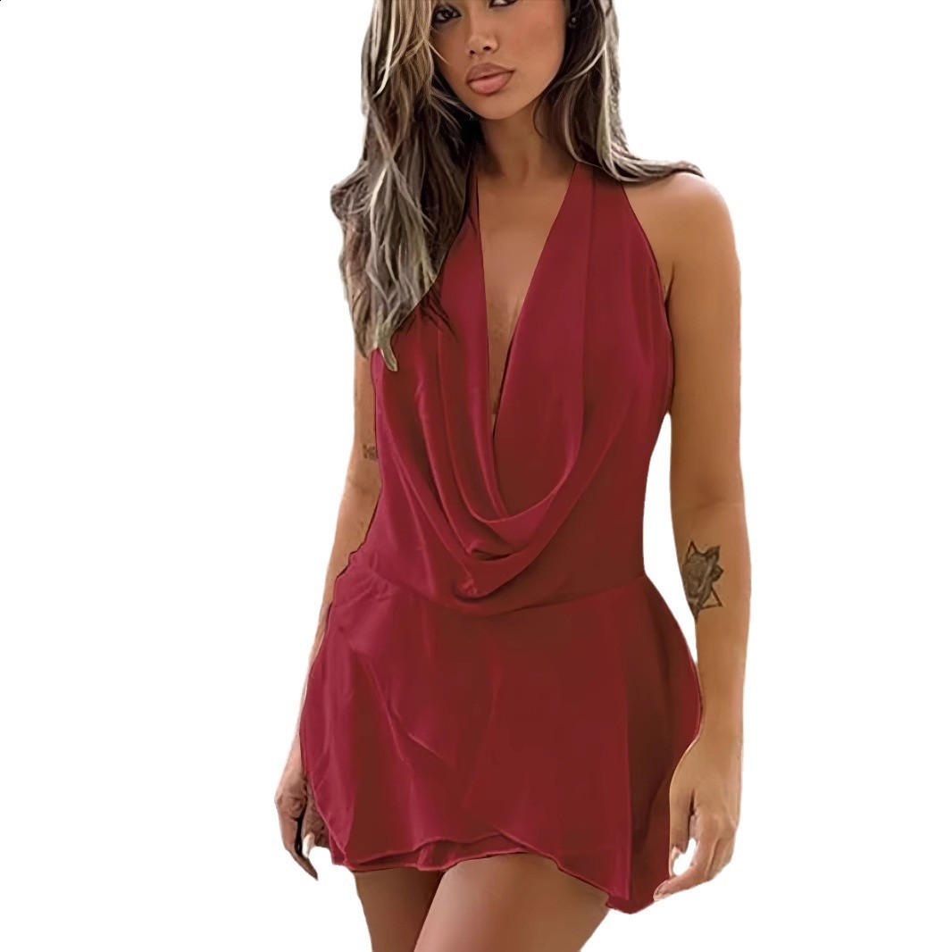 Fashion Purple V Neck Pleated Sleeveless Mini Dress Elegant Lace Up Curling Edge Gowns Female Summer Dinner Party Vestidos 250409