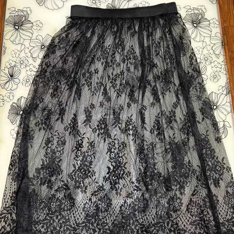 Womens sexy mesh lace transparent long sheer skiing Korean fashion summer womens elastic high waist black and white beach Midi skiing M250424