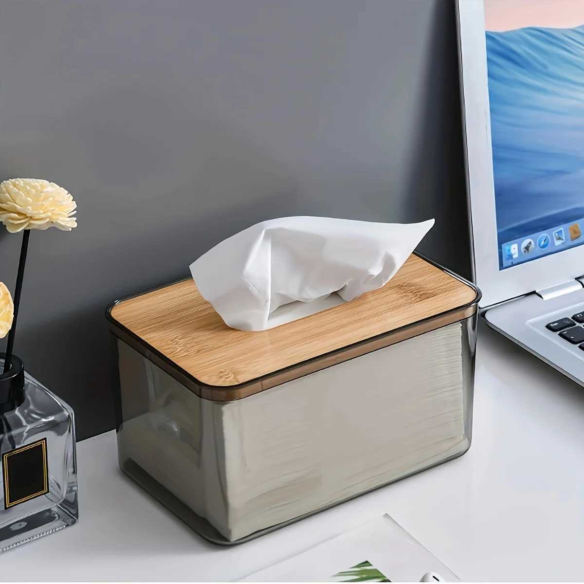 1pc-Multifunctional Tissue Holder Paper Box With Bamboo Cover Transparent Container Living Room Bedroom Tissue Storage BoxM251124