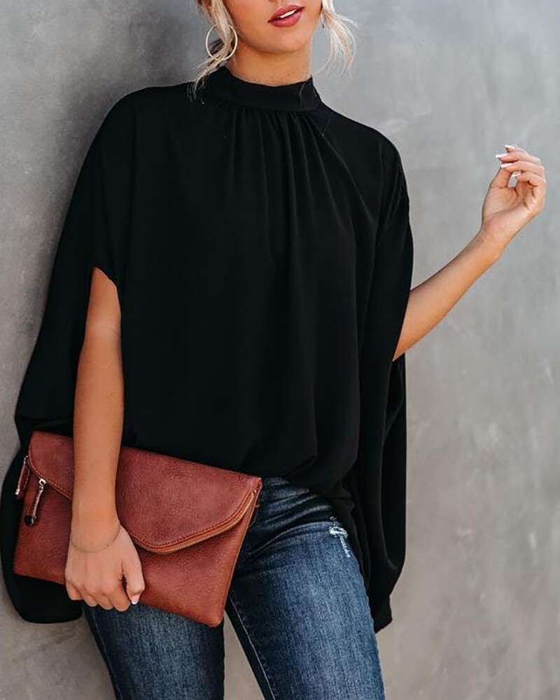 2022 new womens fashion round neck loose bat sleeve Round Neck Shirt