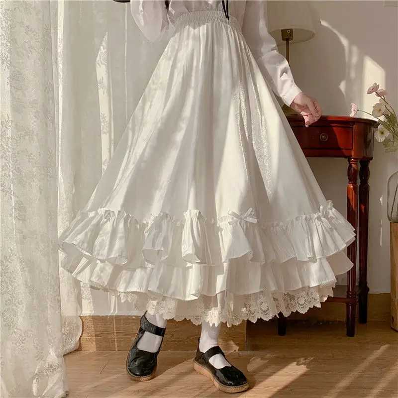 Japanese solid color double-layer retro French pleated A-line pleated skiing Hepburn black half skirt womens white long skirt M250424