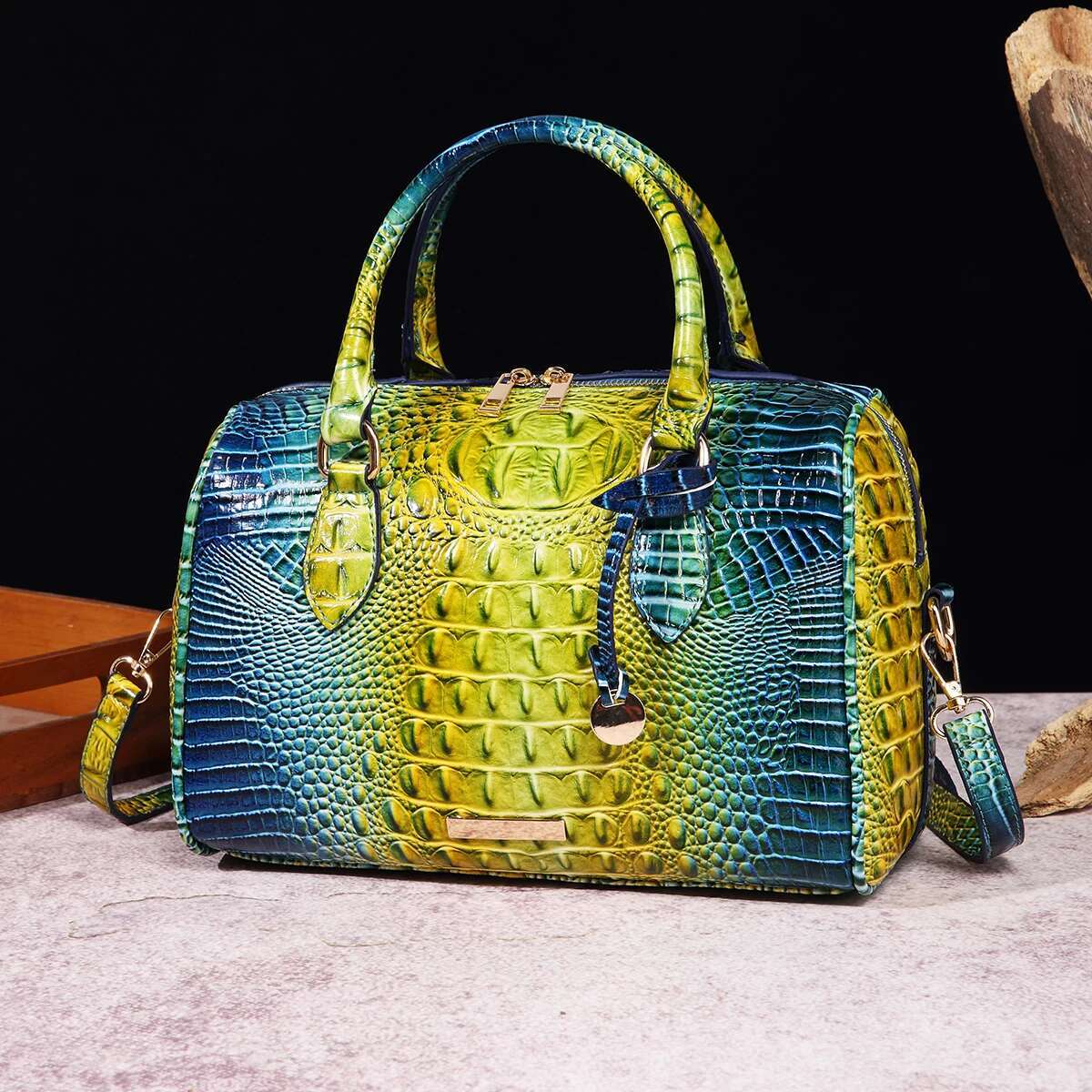 Ombre Crocodile Emed Boston Handbag Classic Style Crossbody Bag Women's Leather Satchel Purse