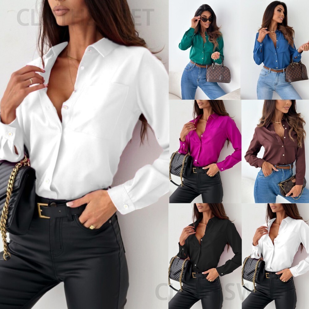 2023 Autumn Simple Solid V-Neck Womens Shirt Womens Clothing