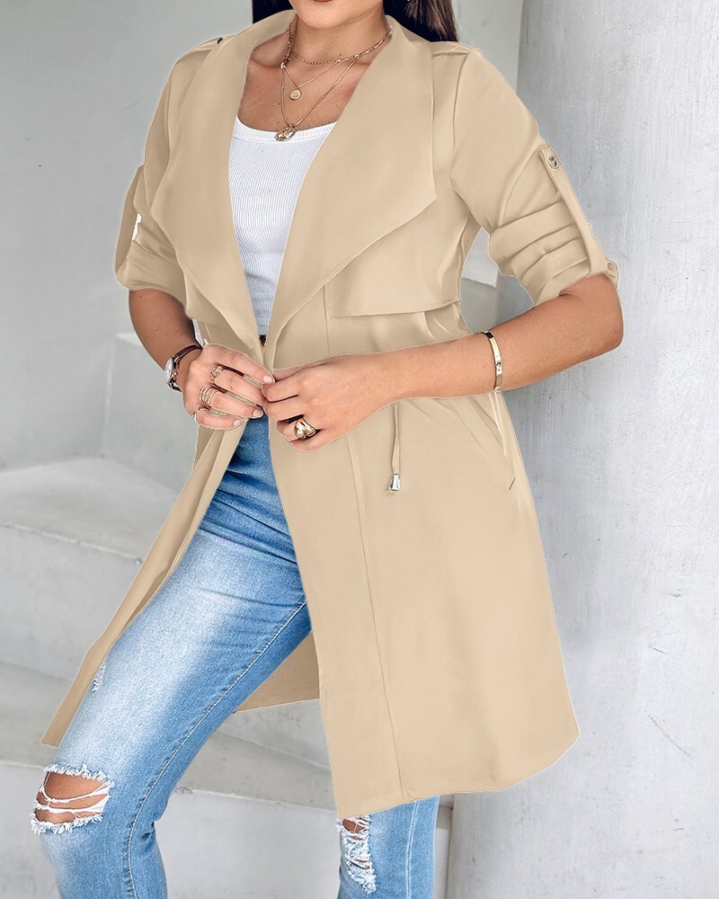 2024 new autumn and winter loose solid color waist cinched sleeve mid length windbreaker jacket womens clothing