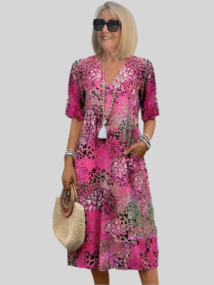 2025 Summer New Printed V-neck Leisure Vacation Pocket Dress for Women
