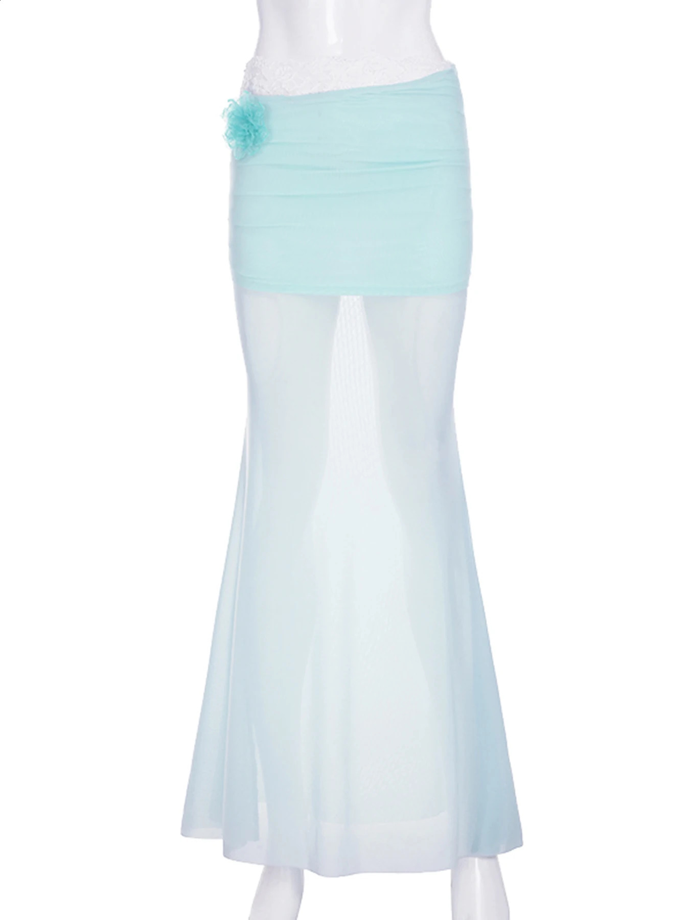 IAMSURE Holiday See Through Lace Mesh Skirts Beach Style Sexy Slim Low Waist Maxi Skirts Women Summer Fashion Street Wear 250422