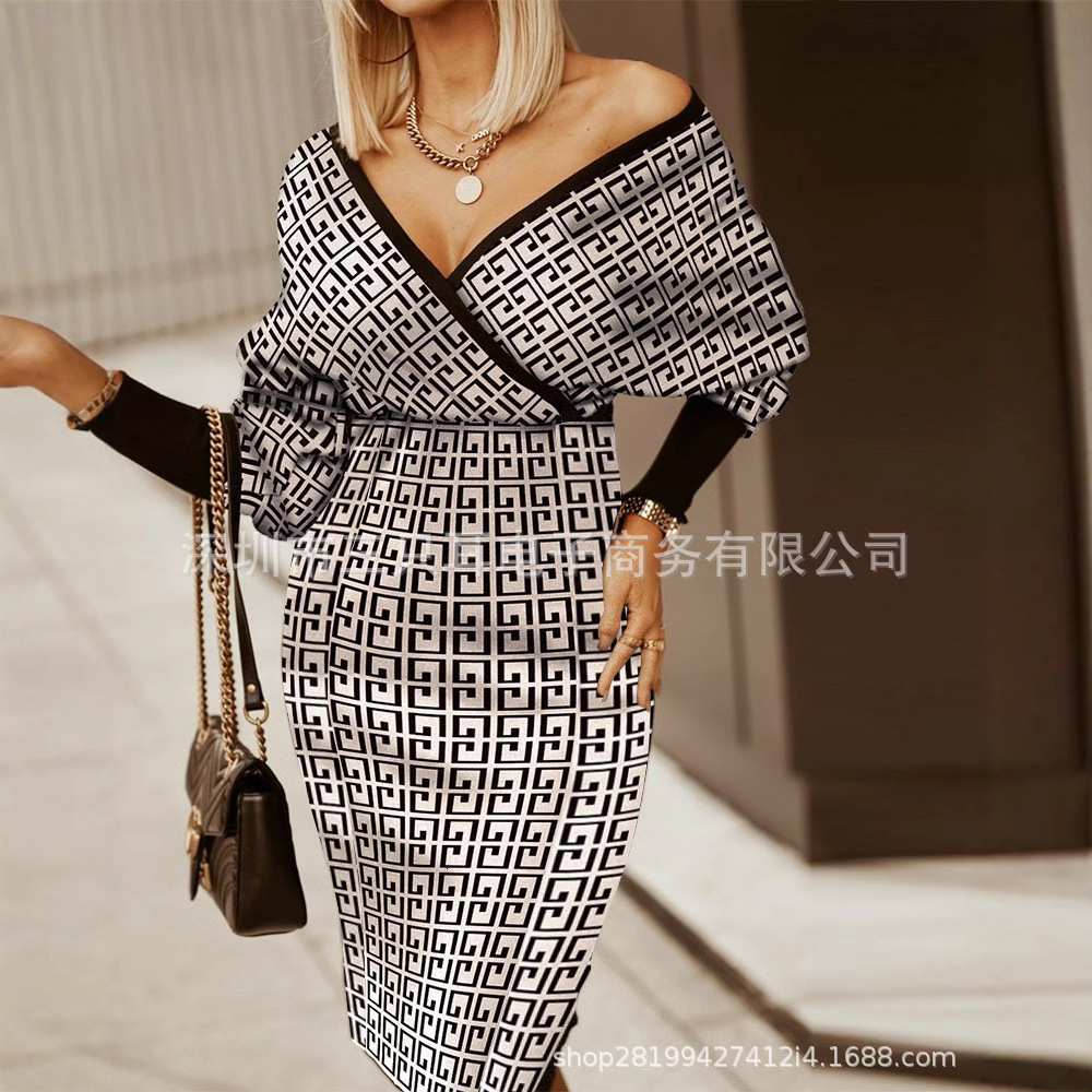 Aw2021 V-neck geometric print tight bag hip medium length dress women