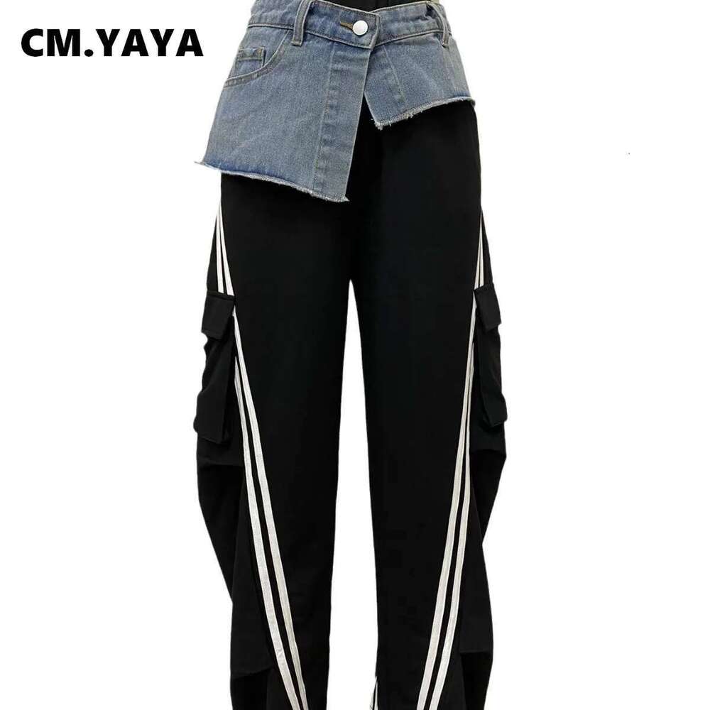 Cm.Yaya Fashion Women Denim Patchwork Pocket Side Wide Leg Loose Jogger Pants 2024 Active Jean Splicing Sweatpants Trousers