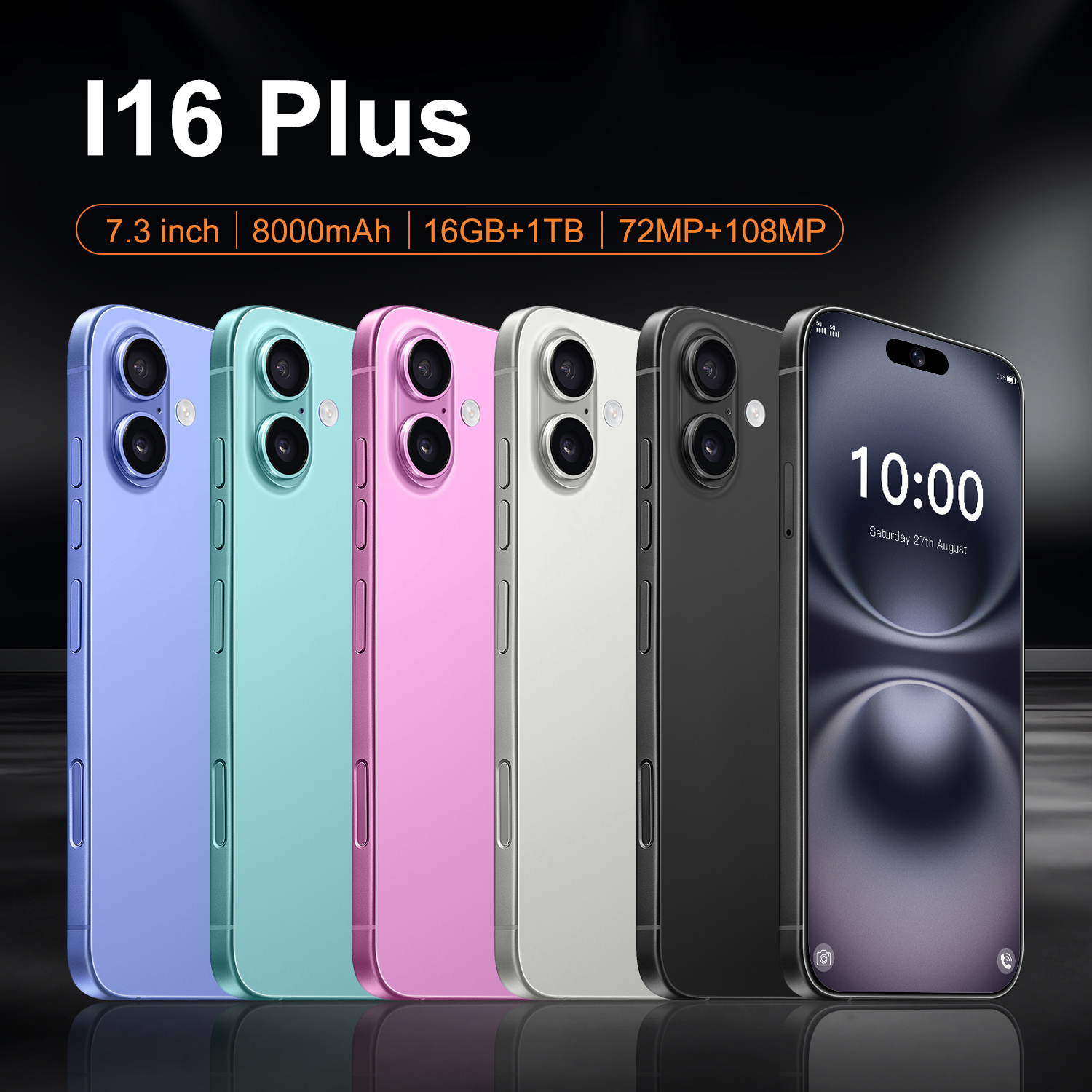 I16 Plus Mobile Phone 7.3-inch HD,Android 14 ,Snapdragon 8 Gen 3 CPU,16GB+1TB ,72MP+108MP Camera Pixels, 8000mAh Battery 5G Dual-Sim Card