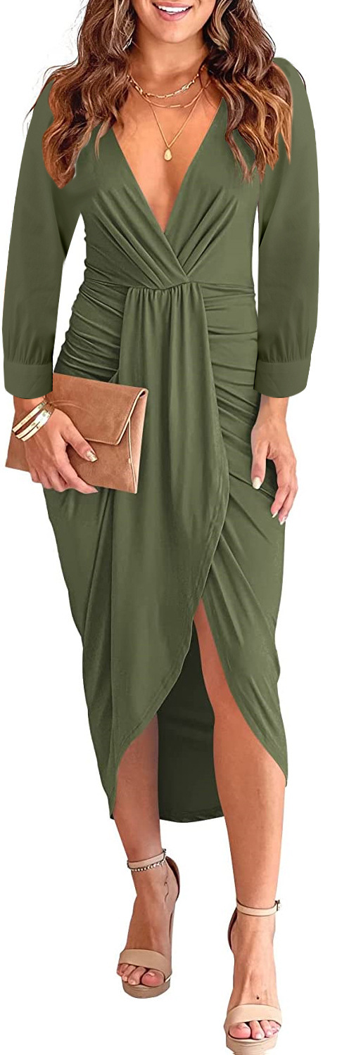 Autumn and winter 2022 solid color V-neck pleated buttock split womens dress women
