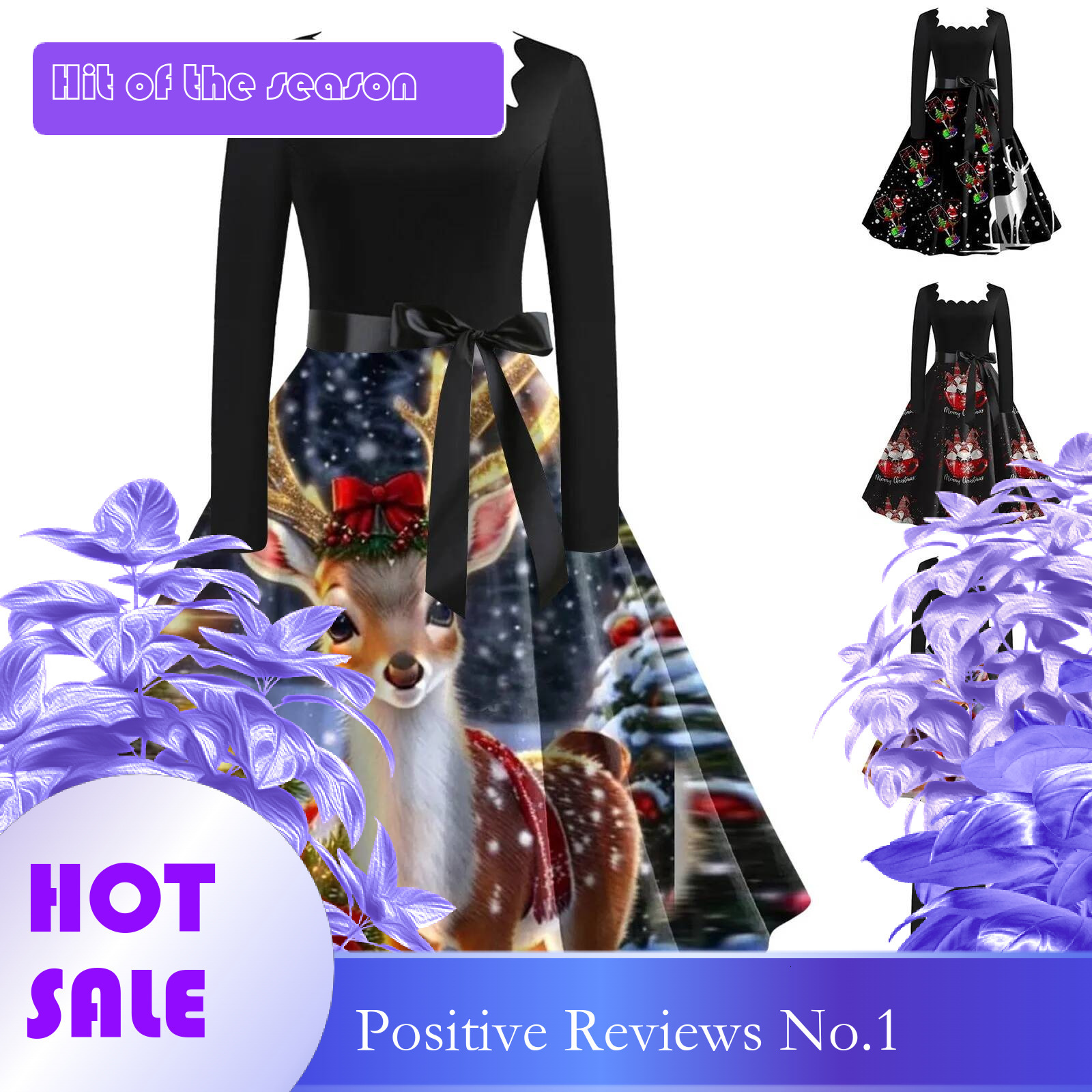 Dongdumaoyi Christmas Dress Women Vintage Long Sleeve V Neck Floral Print Elegant Xmas Party Prom Sundress Winter Clothes Rockabilly