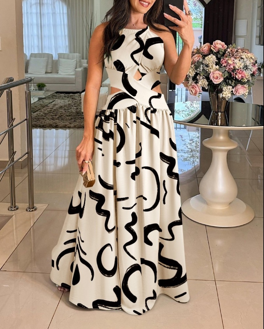 2025 new summer sleeveless off shoulder large swing skirt with high waist and backless strap dress for women