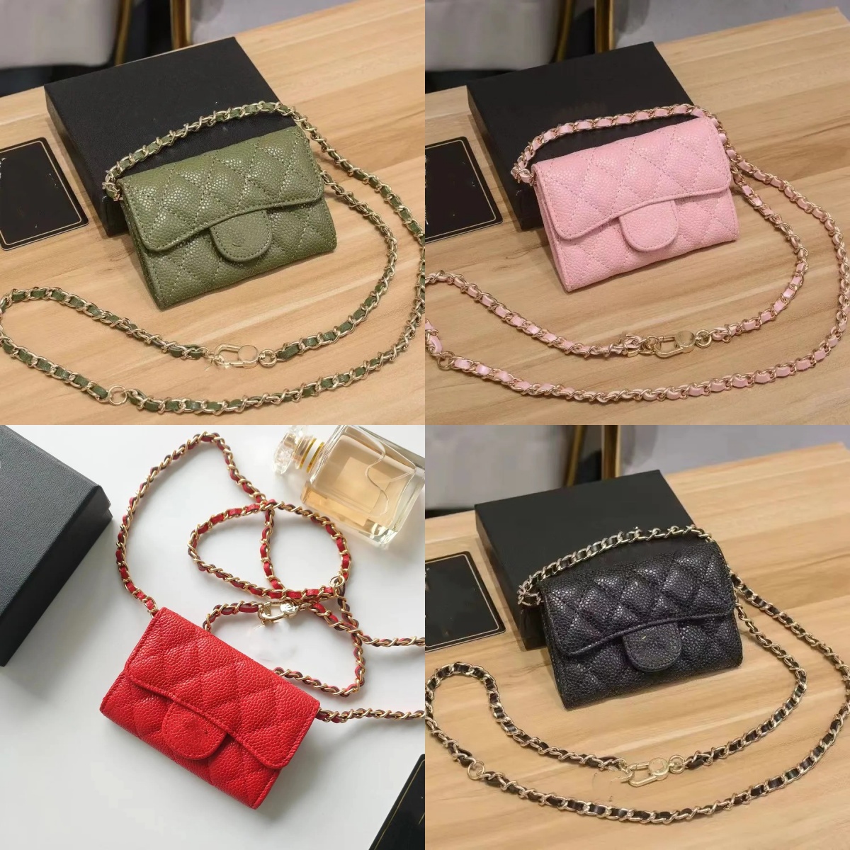 with box Designer Wallets Cards Coin Key Purses card holder pocket party travel business Designer purse Leather chain Hanging mini bag lady Elegant appearance