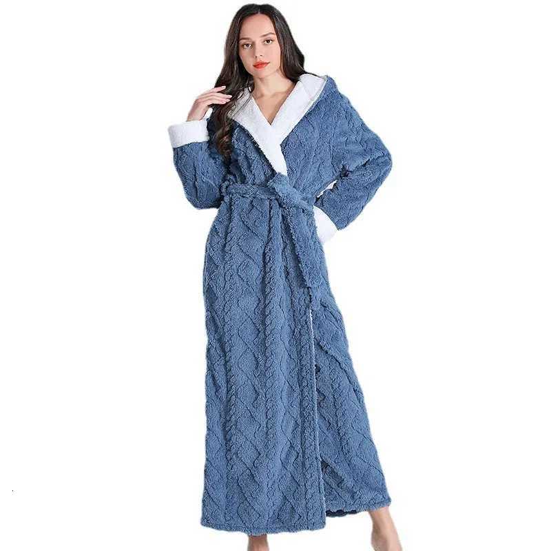 Women Men Thermal Luxury Flannel Extra Long Bath Robe Winter Sexy Jacquard Bathrobe Warm Kimono Dressing Gown Hooded Robes C251124