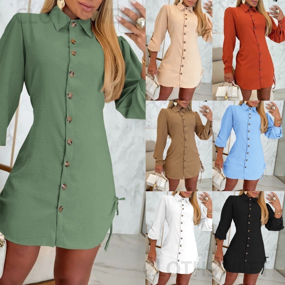 2024 Autumn Fashion Long Sleeve Solid Color Double Side Drawstring Dress for Women