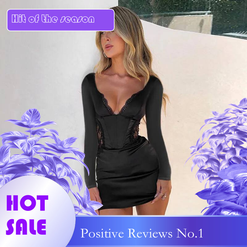 Dongdumaoyi Townlike Lace Patchwork Slim Bodycon Dress Women Mini Autumn Winter Hollow Out V Neck Nightclub Sexy Party Dresses