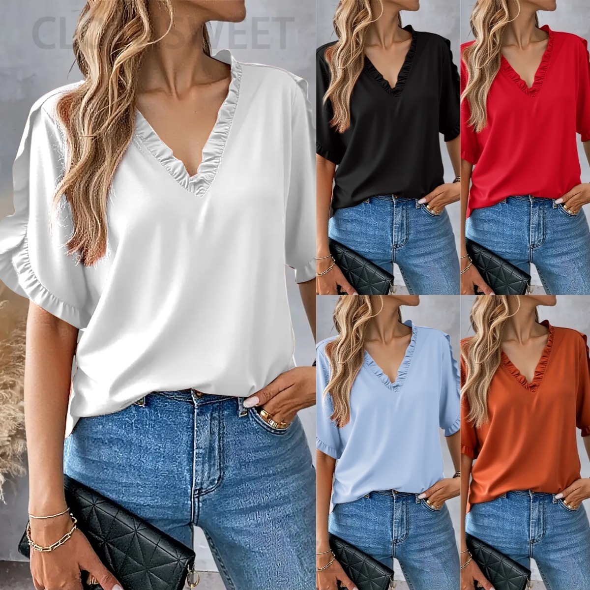 2025 summer simple solid color short sleeved ruffled V-neck shirt top for women