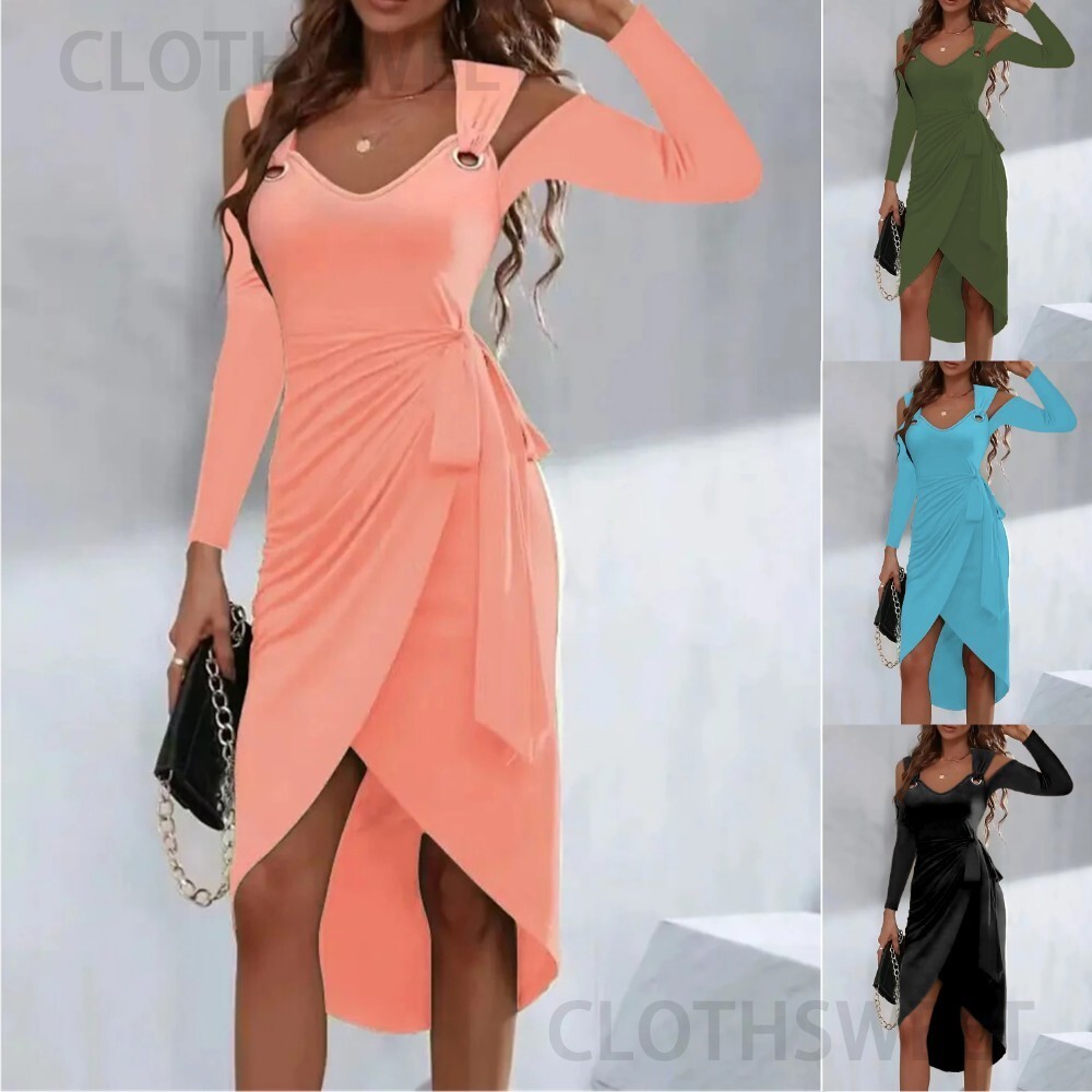 2023 Autumn/Winter New Solid Color Metal Buckle V-neck Strap Dress for Women