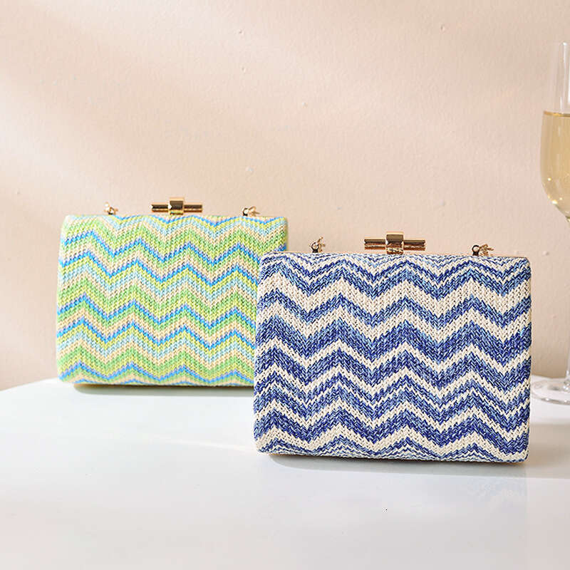 Dinner Bag Summer Fresh Grass Woven Women S Style Single Shoulder Strap Chain Dinner Wrap Pattern Ripple Square Bag Handheld KQ