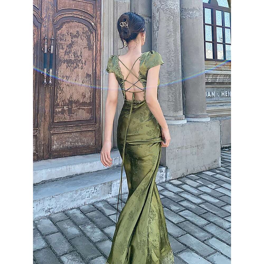 Designer Clothes New In Women's Long Dress Turquoise Green V-Neck Backless Satin Jacquard Waist Slim Chic And Elegant Sexy Female Dresses