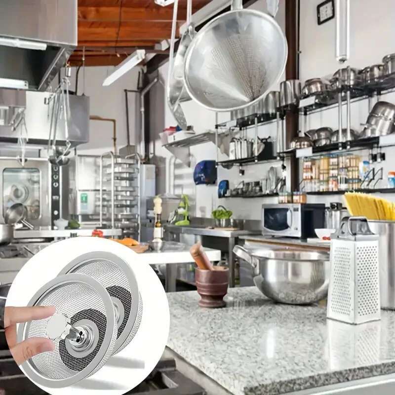 Update 2Set Kitchen Sink Strainer With Handle & Stopper Replacement Drain Basket Stainless Steel Mesh Filter Waste Hole