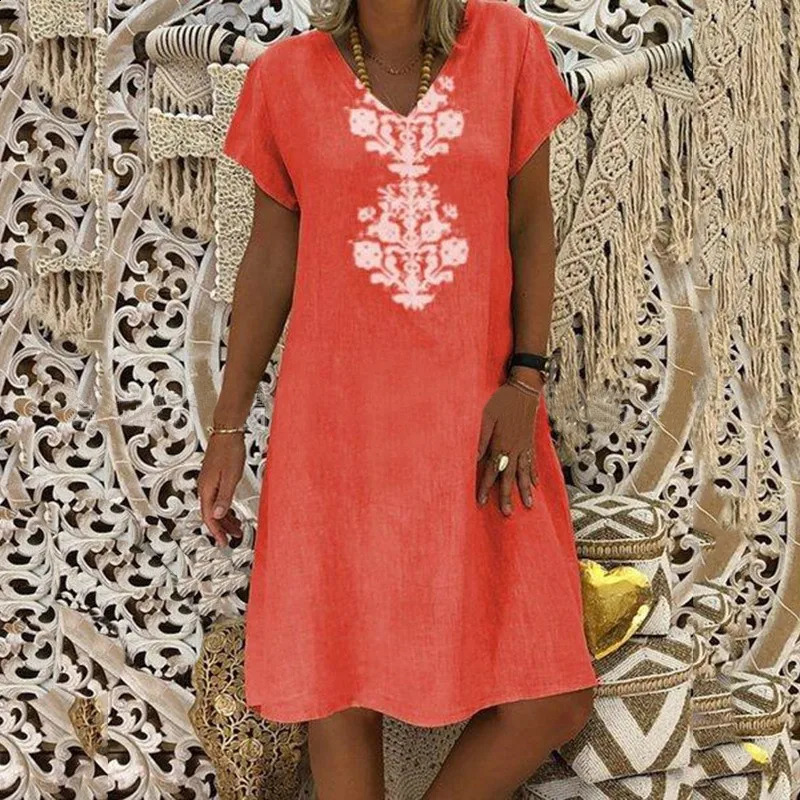Fashionable printed loose spring/summer V-neck medium length cotton linen dress 250423
