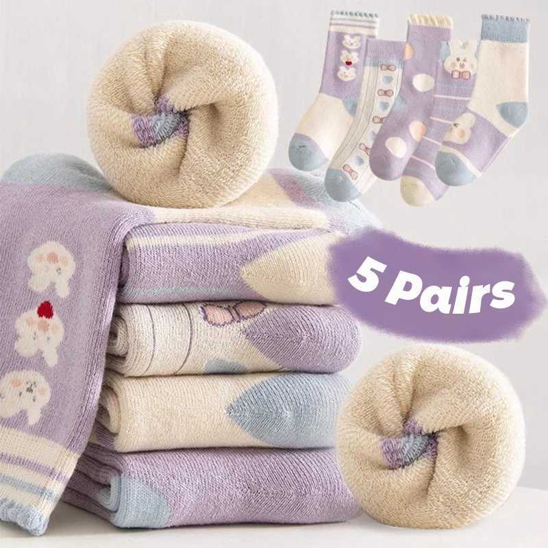 5 Pairs Girls Thick SOCKSCute Bunny CHIldrens SOCKS Winter Warmth Purple Mid Tube SOCKS Autumn/Winter G251124