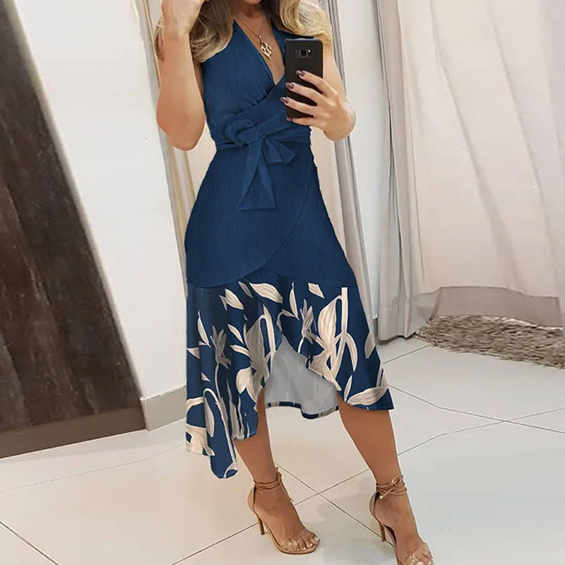 2022 summer urban women elegant commuting sexy printed V-neck floral slim fitting dress