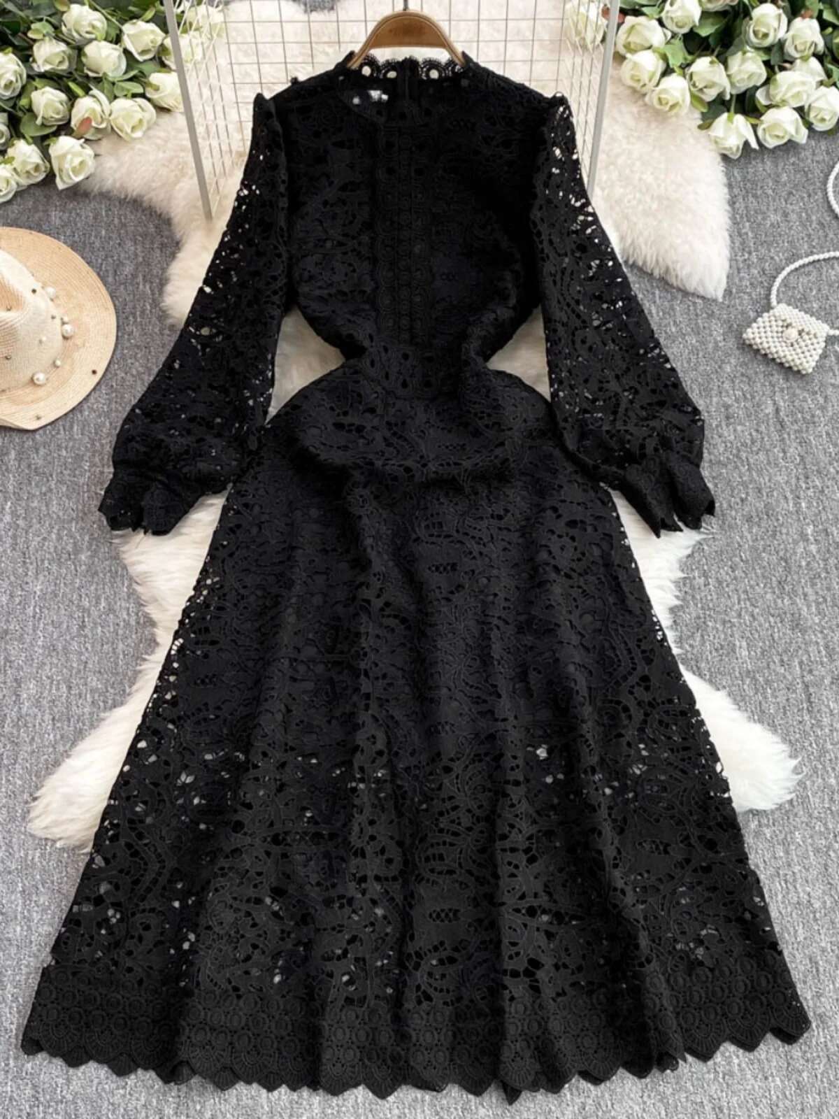 2025 Spring Hollow Out Flower Embroidery White Lace Party Dress For Women's Long Sleeve Midi Dresses Evening Wedding Vestidos