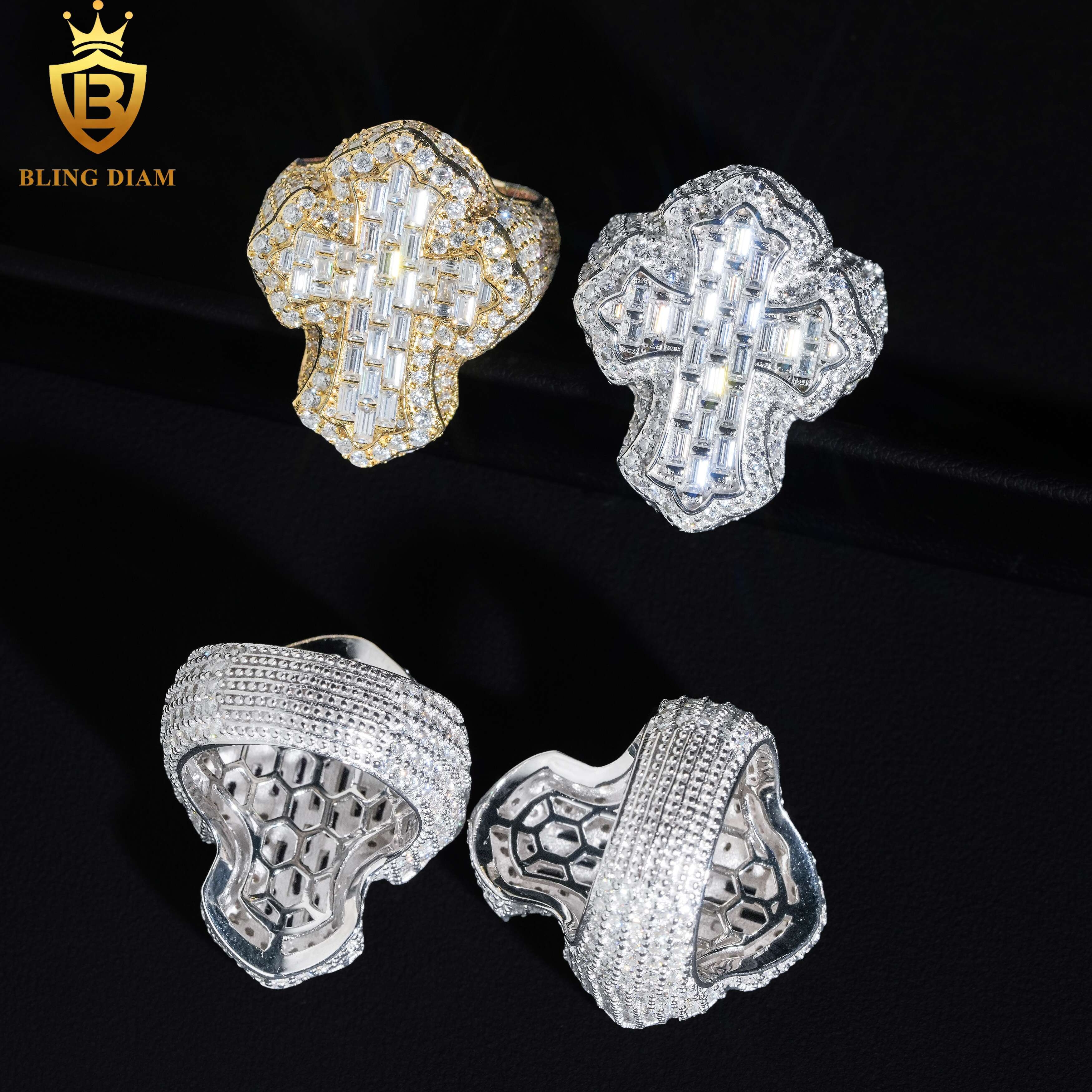 HipHop Style Jewelry Mens Ring Fully Diamond Colorful Moissanite Iced Out 925 Silver Cross Ring