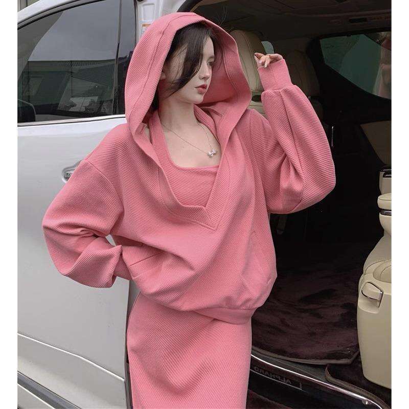 2025 Spring Western Style Casual Age Reducing And Slimming Women's Fashion Set, Plus Size Hoodie, Two-Piece Set With Meat Covering, Dress