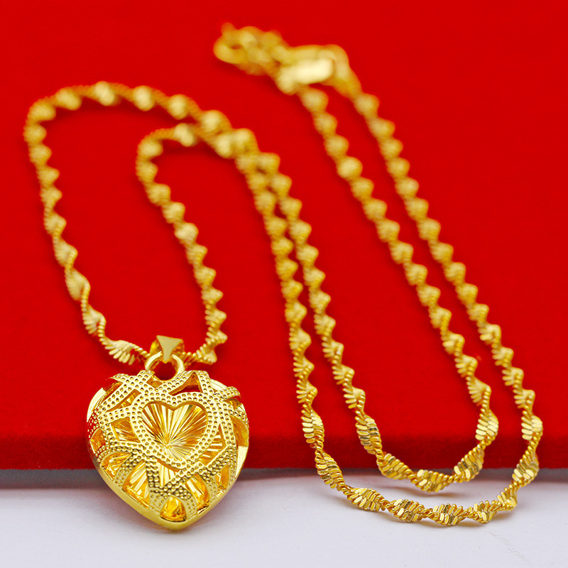 Vietnamese Gold-Toned Brass Hollowed Out Fortune Bag Pendant Necklace with Retro Design