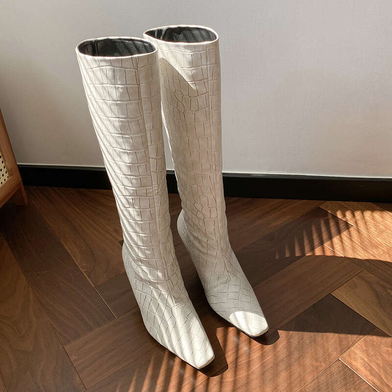 Woman Sandals New Mona Same Style Square Head Heels White Knight Crocodile Pattern High Barrel Over Knee Boots