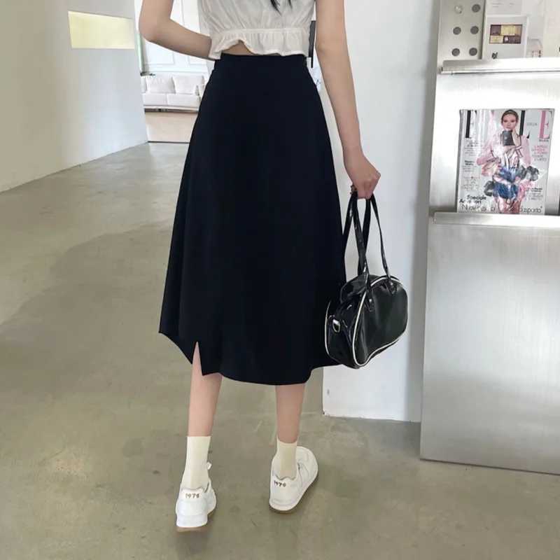 Black irregular leather womens spring and summer high waist thin medium long umbrella dress plus size bottom retro Y2k dress M250424