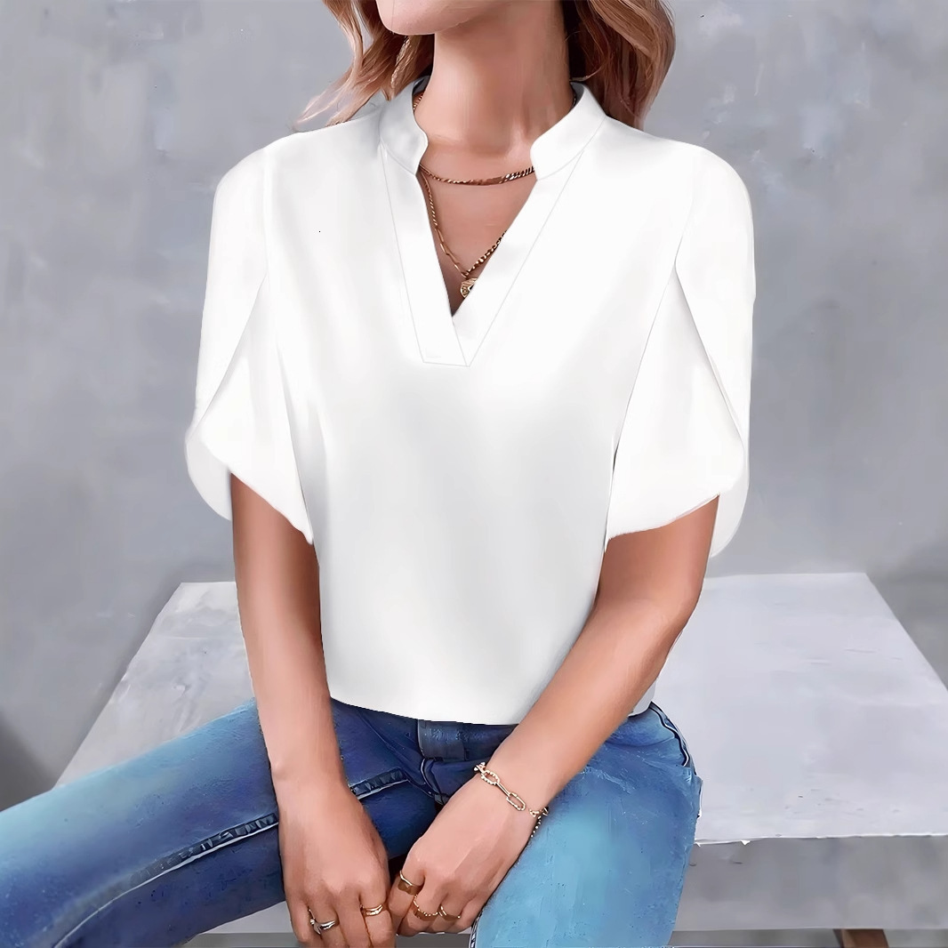 2025 Summer Fashion Simple V-neck Petal Sleeve Solid Color Womens Shirt Womens Shirt