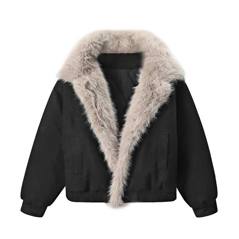 American Retro Mountain Carving Imitation Fur All-In-One Short Thickened Warm Lapel Cotton Jacket J251124