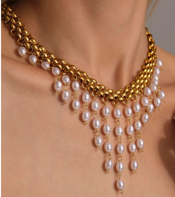 Designer necklace high quality pearl tassel short necklace golden stainless steel millennium punk style jewelry for girls gift