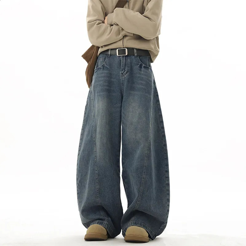 Wide leg jeans mens denim deep blue flooring cleaning bag Trouser street dance hip-hop unisex urban fashion urban streetwear 250423