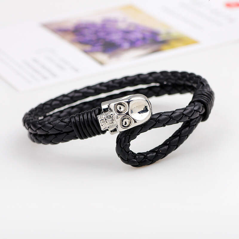 Temu hot selling personalized leather woven wristband skull head men's alloy buckle genuine cowhide bracelet trend