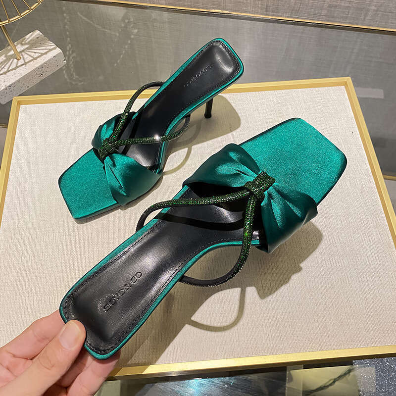 Woman Sandals Green Rhinestone Bow Straight Strap Women New Sexy Open Toed High Heeled Sandals For Wearing Half Slippers On The Outside