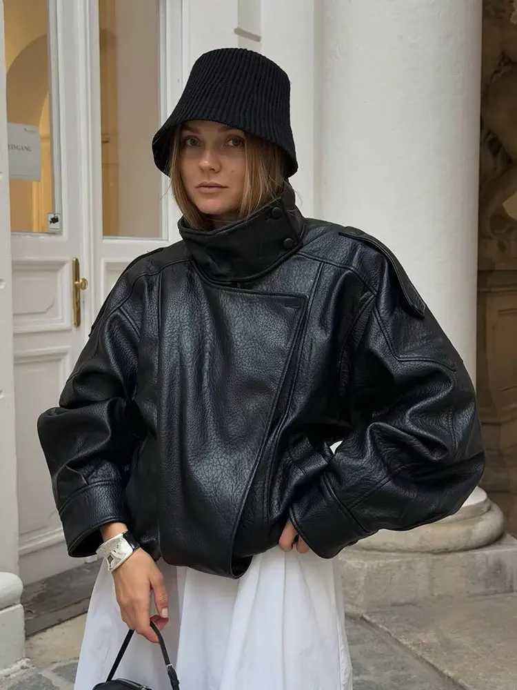 HH Women Vintage Pu Leather Motorcycle Jackets Long Sleeve Turtleneck Zipper Coat Autumn High Street Lady Faux Leather Jacket J251124