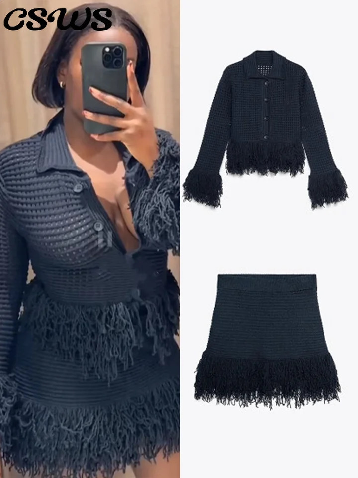 Sexy Knitted Tassel Top Womens Long Sleeve Collar Single Chest Top Folded Mini Skirt Fashion Solid Womens Set 250423