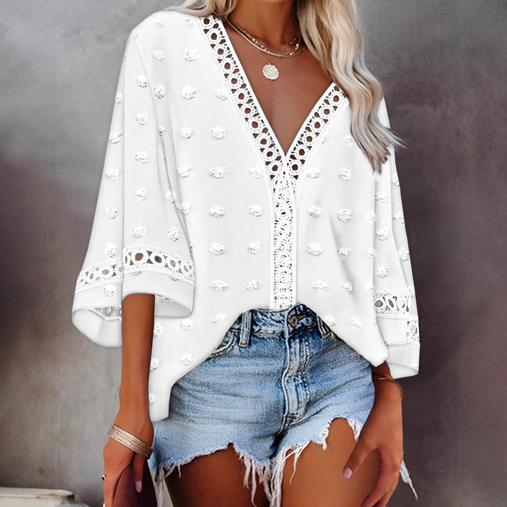 2025 Spring/Summer Style Solid Color V-neck Hollow Lace Shirt Womens Wear