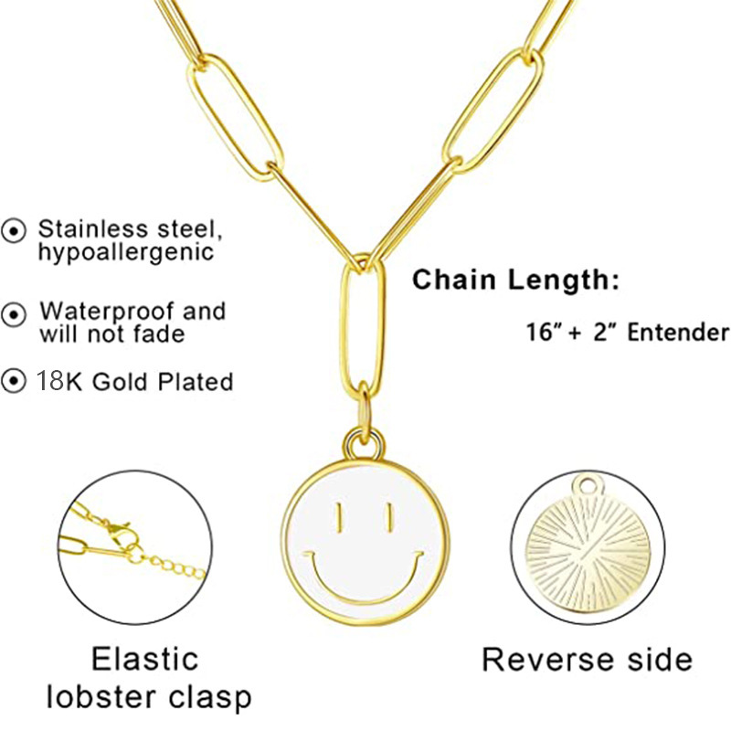 Top Source Gold Stainless Steel Rectangular Chain Colorful Smiling Face Pendant Women's Necklace Jewelry