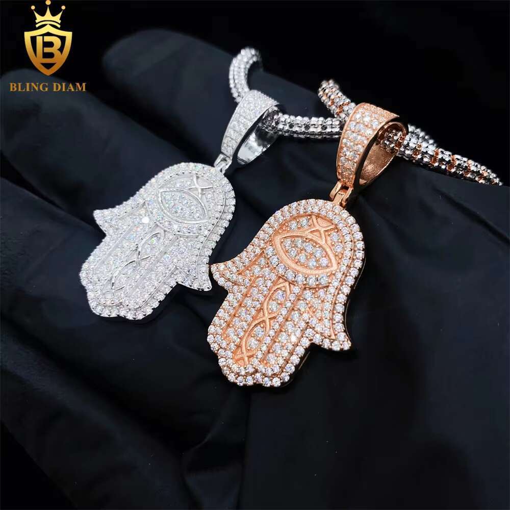 Gra Certificate Hip Hop Jewelry 925 Sterling Silver Iced Out Moissanite Gold Plated Hamsa Hand Charm Pendant