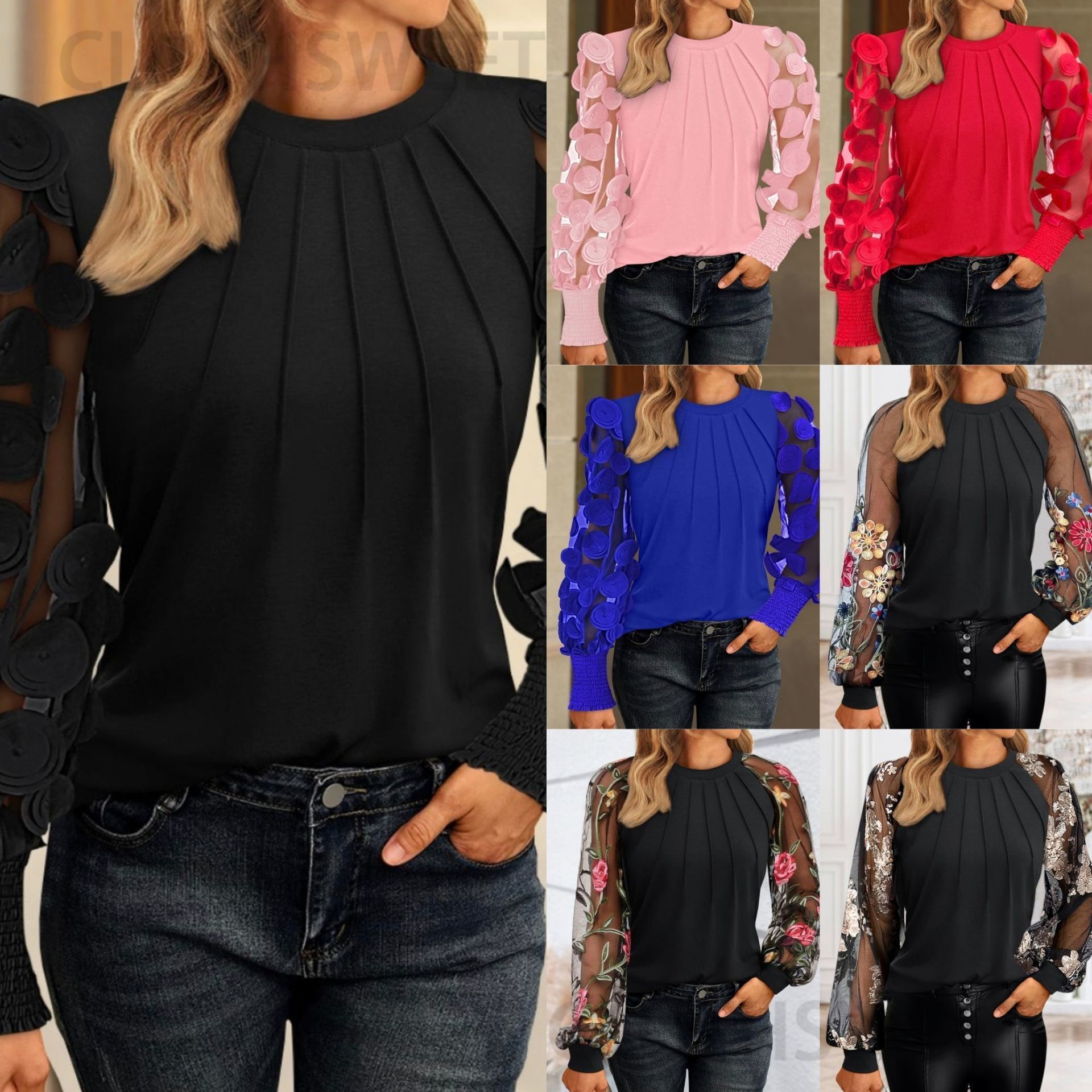 2025 Autumn Long Sleeve Fashion Mesh Splicing Round Neck Top T-shirt for Women