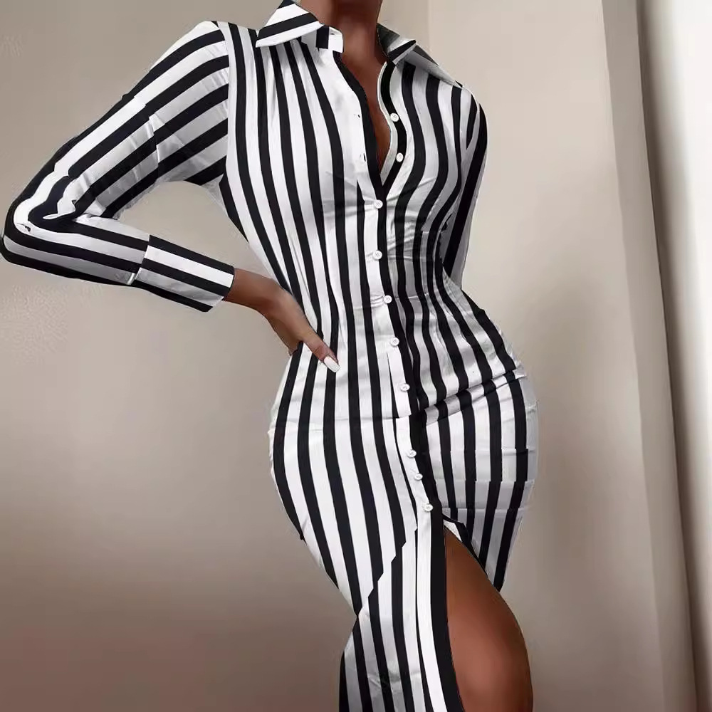 2021 autumn long sleeve V-neck waist print dress shirt skirt women