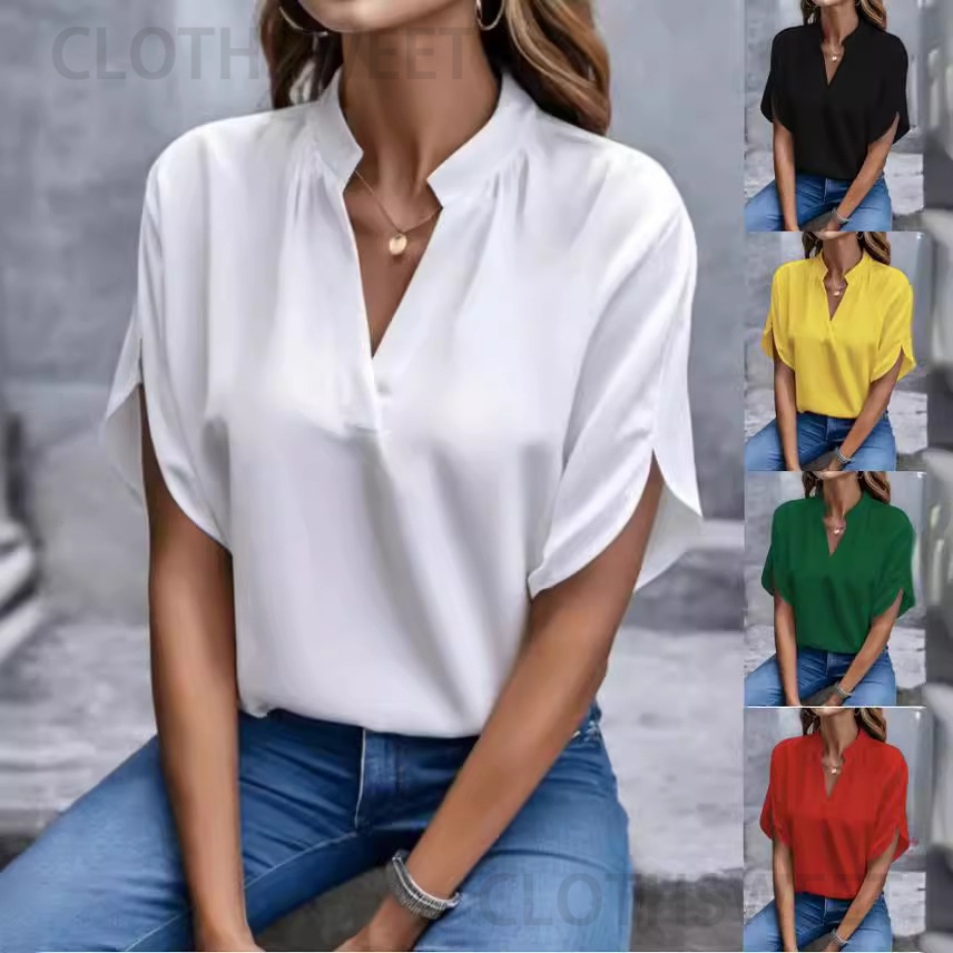 2024 summer simple casual solid color V-neck loose shirt top for women