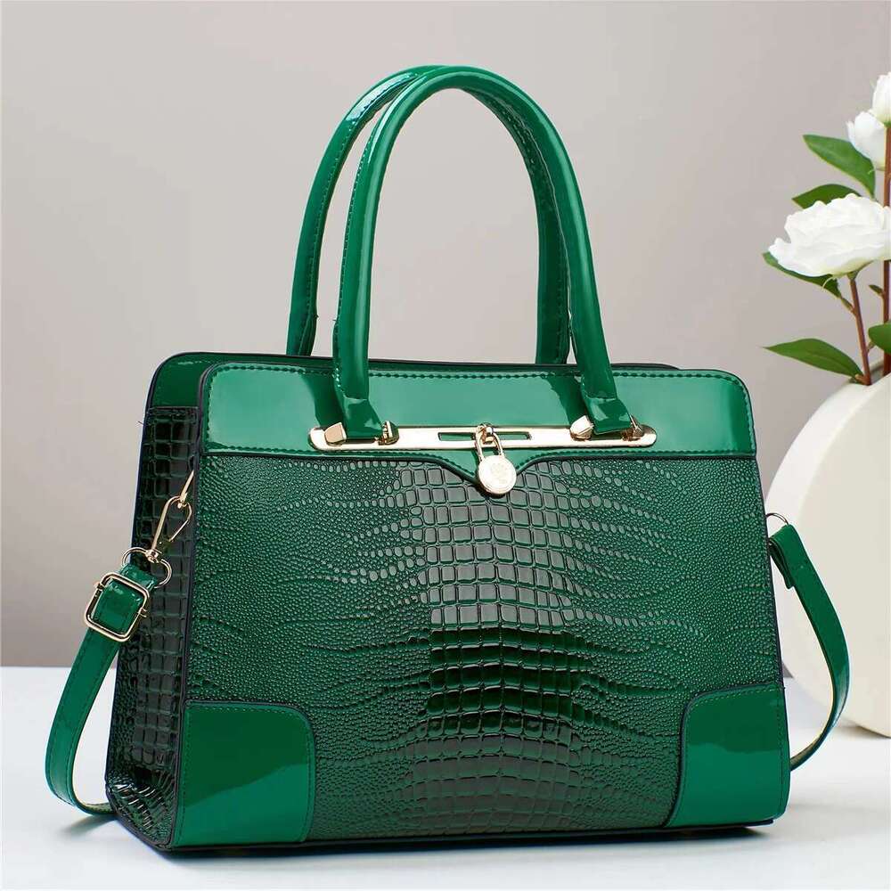 Luxury Designer Crocodile Pattern Handbag, Women Large Capacity Crossbody Bag, Fashion Glossy Satchel Purse