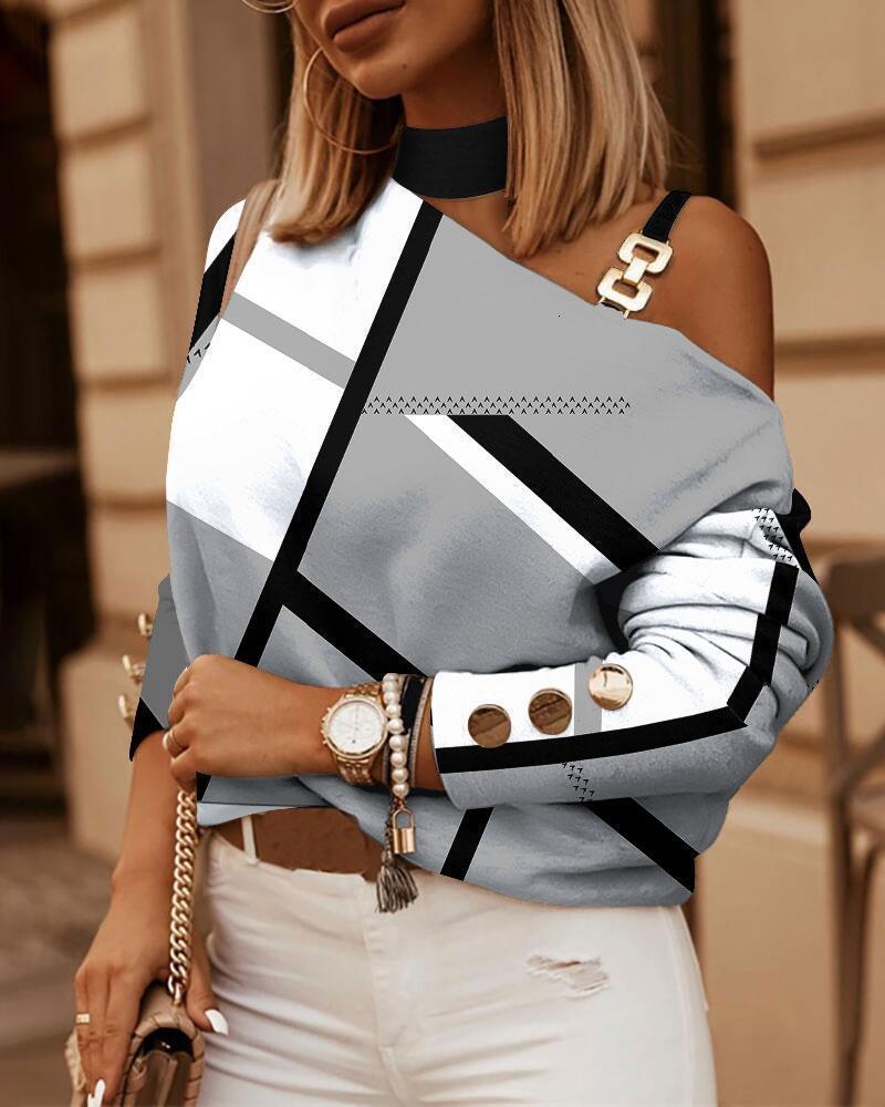 Autumn and Winter 2022 Long Sleeve Chain Neck Print Button Decorative Top Women